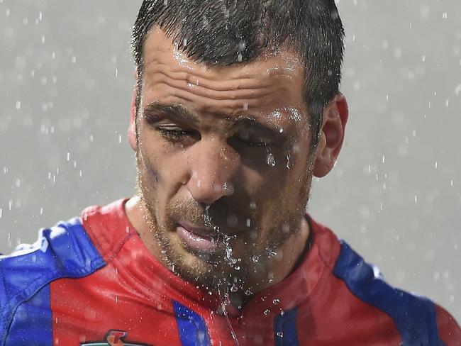 Jarrod Mullen and the Knights had a tough time in the rain on the Gold Coast.