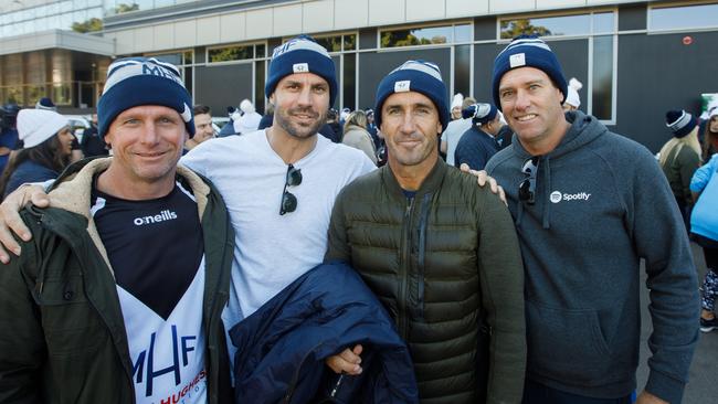 Billy Peden, Beau Ryan, Andrew Johns and Bruce Hopkins in the Mark Hughes Foundation beanies. Picture: Tim Pascoe