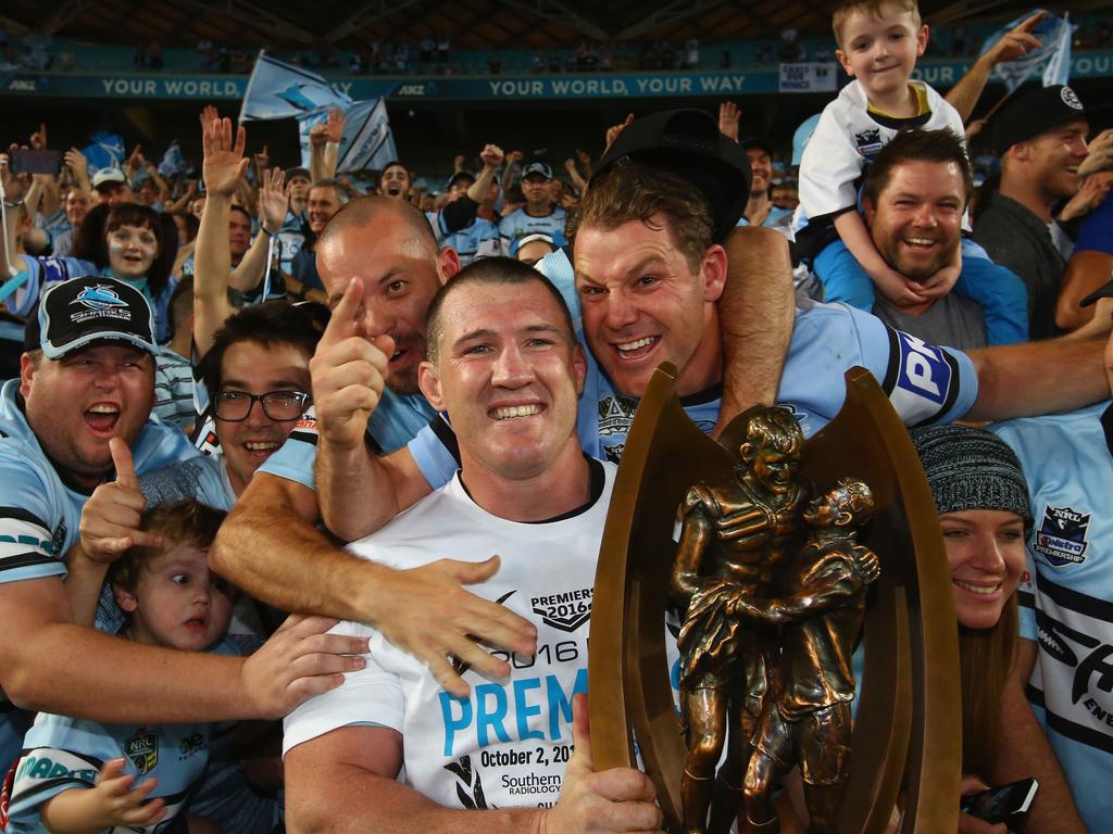 Paul Gallen of the Sharks celebrates with the crowd after victory in the 2016 NRL Grand Final. (Photo by Mark Kolbe/Getty Images)