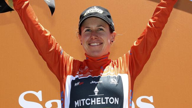 CYCLING - Womens Tour Down Under - Stage 3 - Naire to Stirling. Amanda Spratt on the podium after retaining the ochre jersey. Picture SARAH REED