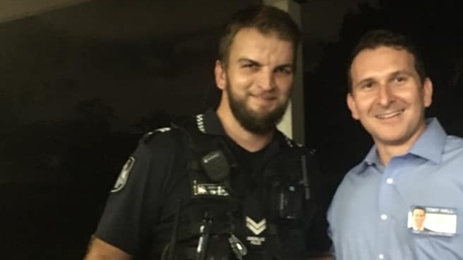 Senior Constable Aaron Minns (left) was injured in the 2022 pursuit when he was hit by the stolen car.