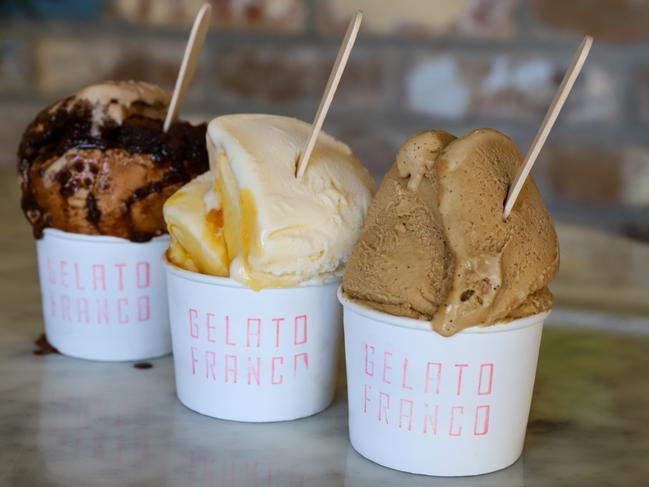 Gelato Franco’s tiramisu, panna cotta and coffee gelato flavours. Picture: Jenifer Jagielski