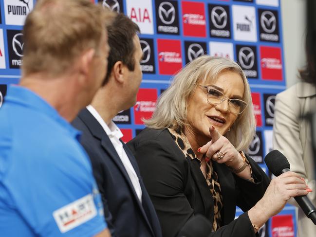 Former North Melbourne coach Danielle Laidley is back at the Kangaroos, stepping out with partner Donna to celebrate the club being debt-free.  Danielle on the panel with current coach David Noble and previous coach Brad Scott.     Picture: Alex Coppel.