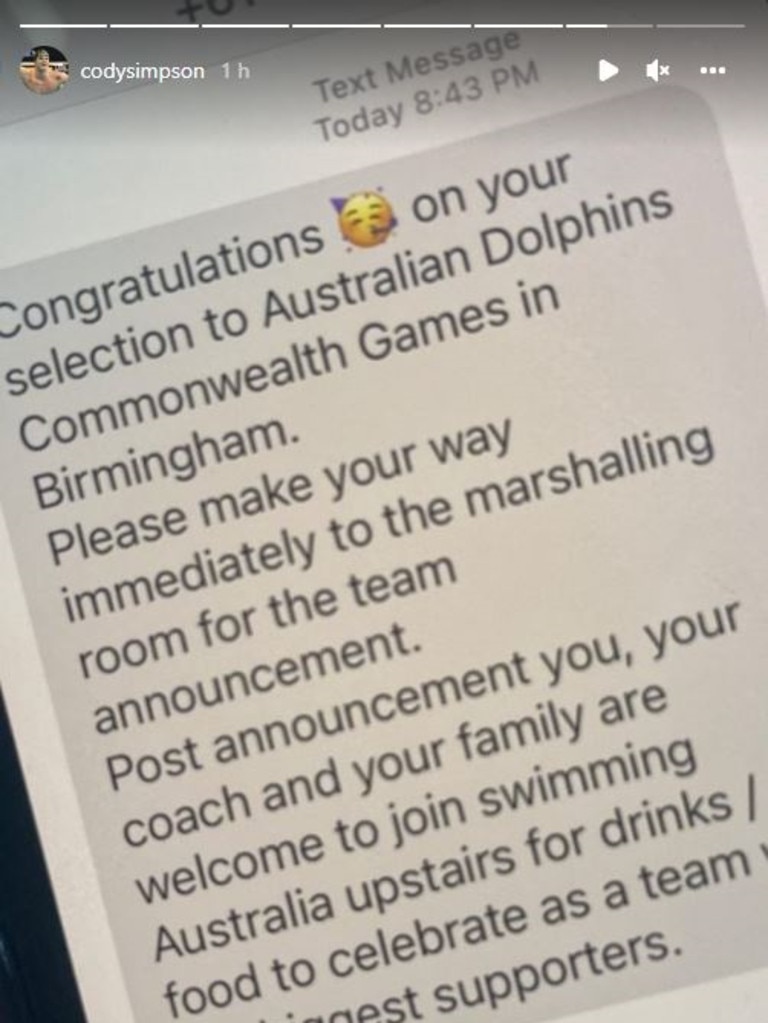 Cody Simpson text message for Comm Games.