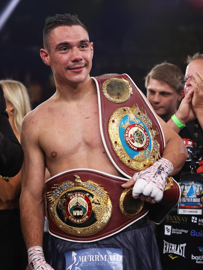 Tim Tszyu celebrates winning the WBO Global and Asia Pacific Super Welterweight title bout against Takeshi Inoue. Photo by Mark Kolbe/Getty Images)