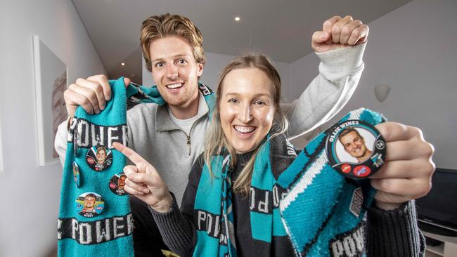 Maddie and Harry Wines celebrating their brothers Brownlow win. Picture: Tim Carrafa