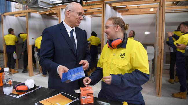 Skills Minister David Pisoni chats to Bec Wells at Peer The Centre for Apprenticeships in Albert Park. Picture: AAP / Mark Brake