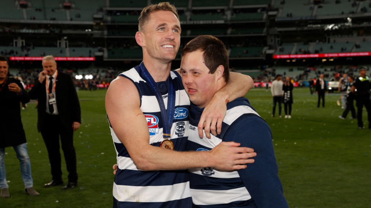 MELBOURNE, AUSTRALIA - SEPTEMBER 24: Joel Selwood of the Cats and Sam Moorfoot celebrate during the 2022 Toyota AFL Grand Final match between the Geelong Cats and the Sydney Swans at the Melbourne Cricket Ground on September 24, 2022 in Melbourne, Australia. (Photo by Michael Willson/AFL Photos via Getty Images)