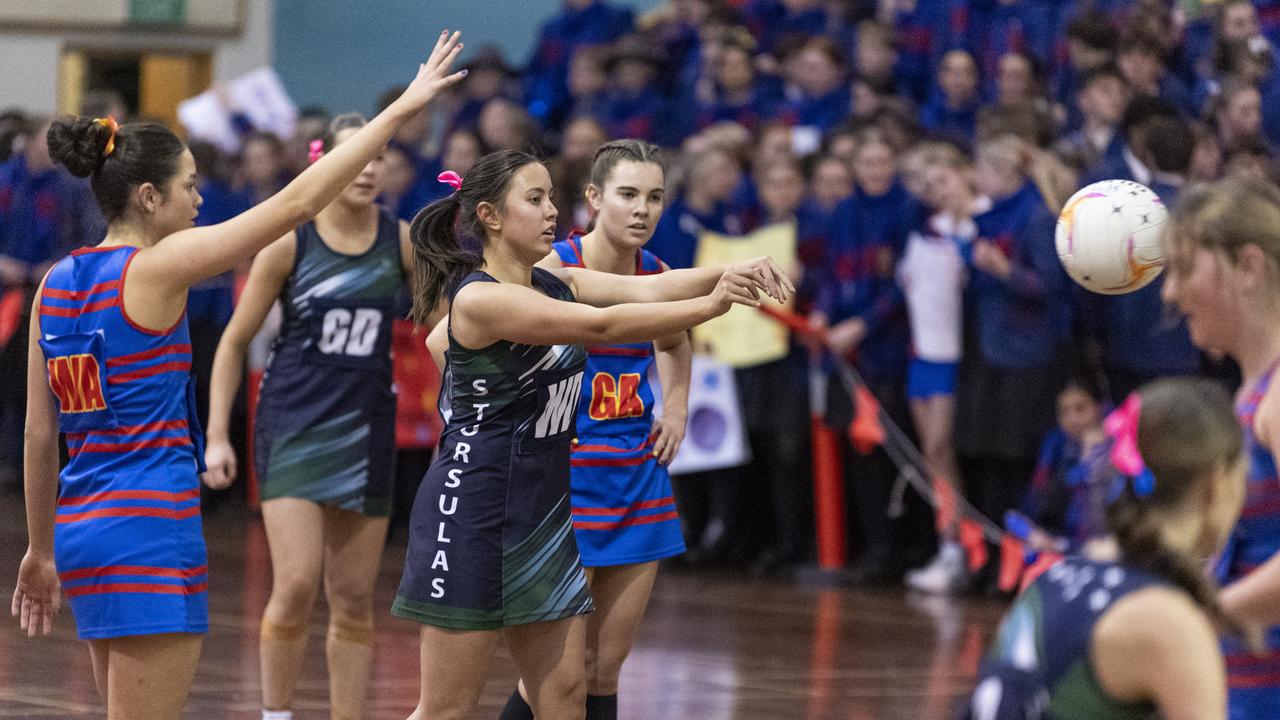 Aaliyah Selby of St Ursula's Senior A against Downlands First VII in Merici-Chevalier Cup netball at Salo Centre, Friday, July 19, 2024. Picture: Kevin Farmer