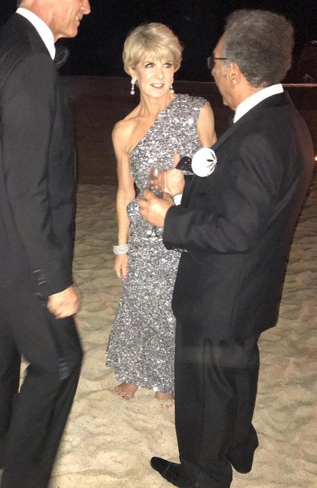 Former foreign minister Julie Bishop celebrating on the beach in a silver gown. Picture: Instagram