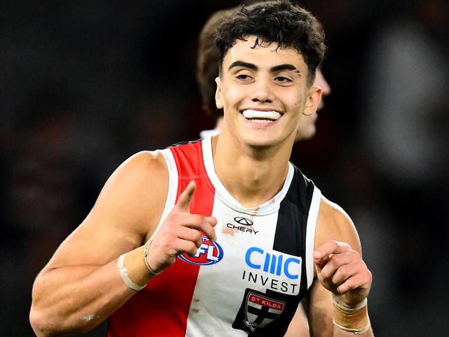 MELBOURNE, AUSTRALIA - MAY 02: Hugo Garcia of the Saints celebrates kicking a goal during the round eight AFL match between St Kilda Saints and Fremantle Dockers at Marvel Stadium, on May 02, 2025, in Melbourne, Australia. (Photo by Quinn Rooney/Getty Images)