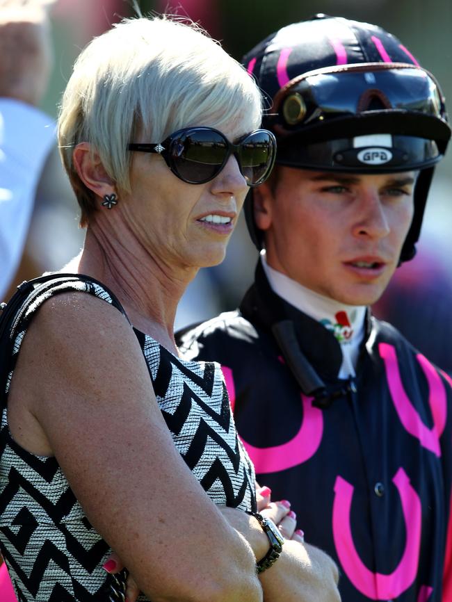Trainer Gillian Heinrich with jockey Timothy Bell at the Gold Coast Turf Club. Picture: Regi Varghese