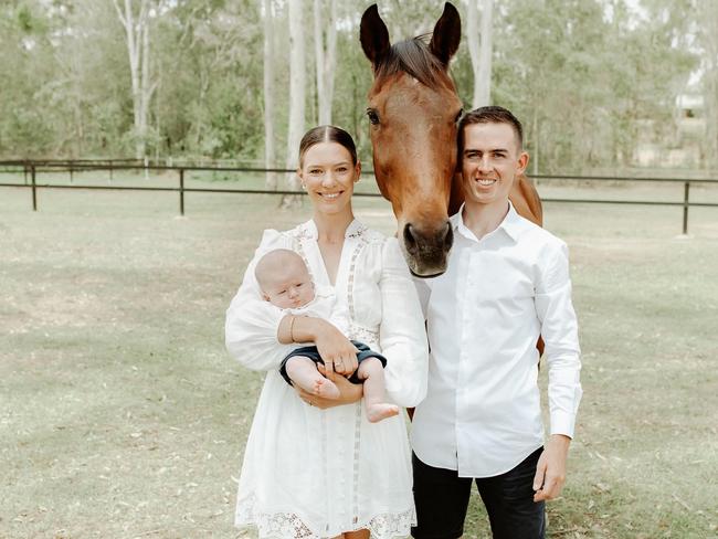 Jockey Ben Thompson with wife Stephanie and their baby boy Harry, who had a life-saving 12-hour open heart operation when he was just 13 days old. Picture: Supplied