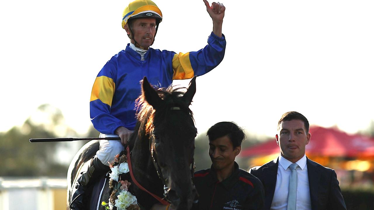 Nash Rawiller gives the thumbs up returning to scale aboard Punch Lane after the gelding won the Hawkesbury Gold Cup at Hawkesbury on Saturday. Picture: Jeremy Ng/Getty Images
