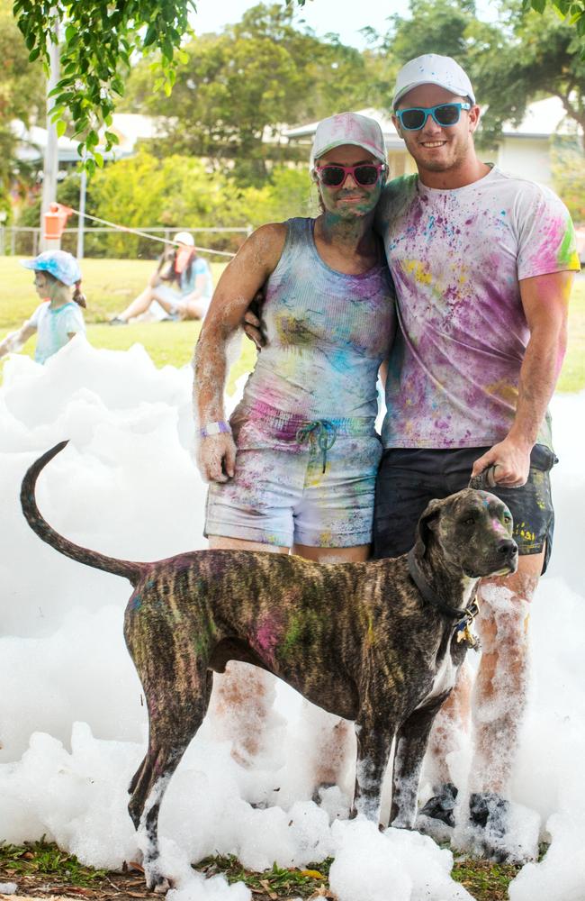 Emma Franks, Dylan Rudorfer and Sullivan the dog from Palmyra at the Mackay Colour Run 2021. Picture: Michaela Harlow