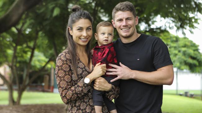 Dayne Zorko with his partner Kalinda and son Louis. Picture: Mark Cranitch