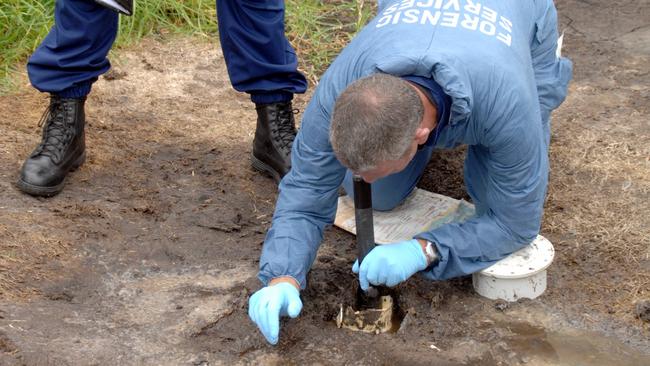 Police examine a drain in a neighbouring house for clues following the deaths of Stacey McMaugh and partner Robert Pashkuss, who were found murdered in their Macquarie Grove, Caves Beach home.