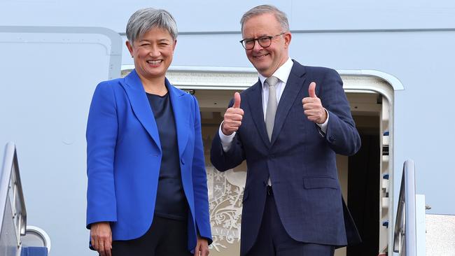 Penny Wong and Anthony Albanese before flying out of Canberra for Japan on Monday. Picture: Getty Images