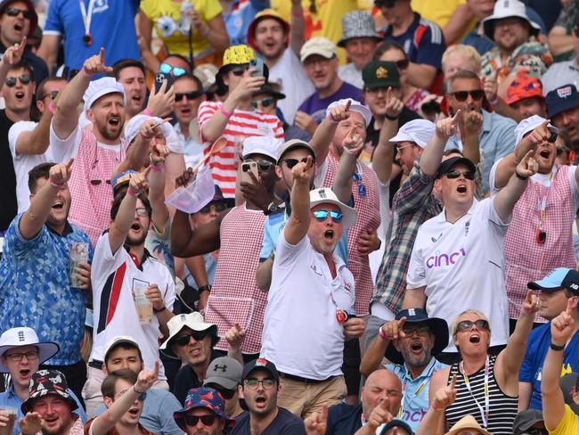 BIRMINGHAM, ENGLAND - JUNE 17: Supporters in the Hollies Stand enjoy the day during Day 2 of the LV= Insurance Ashes 1st Test match between England and Australia at Edgbaston on June 17, 2023 in Birmingham, England. (Photo by Stu Forster/Getty Images)