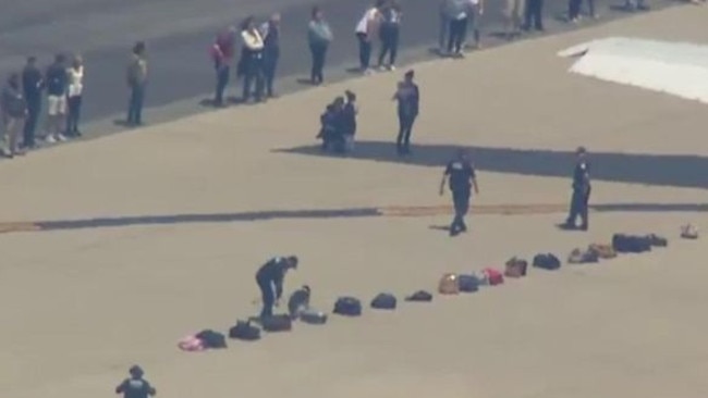 Passengers were led from the plane and their bags were searched on the tarmac. Picture: FOX