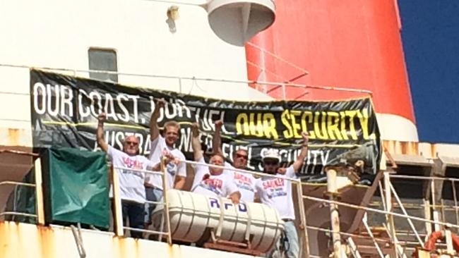 Crew of the CSL Melbourne make their protest in Newcastle. Picture: MUA