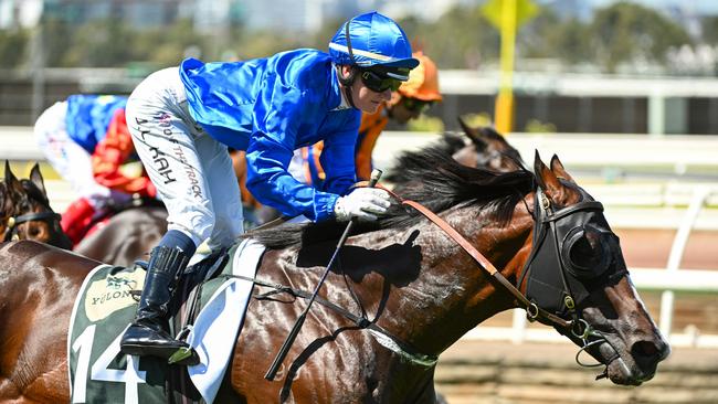 Jamie Kah pilots Cylinder to victory in the Group 1 Newmarket Handicap. Picture: Vince Caligiuri/Getty Images