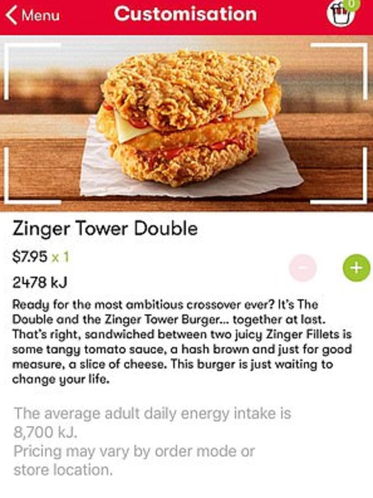 It features two zinger chicken fillets instead of traditional burger buns. Picture: KFC