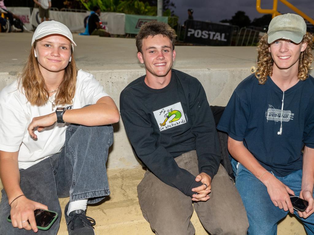 Felicity Turner, Orlando Harvey and Nathaniel fano Connor at Rumble On The Reef Sugar Bowl Skatepark Saturday 23 September 2023 Picture:Michaela Harlow