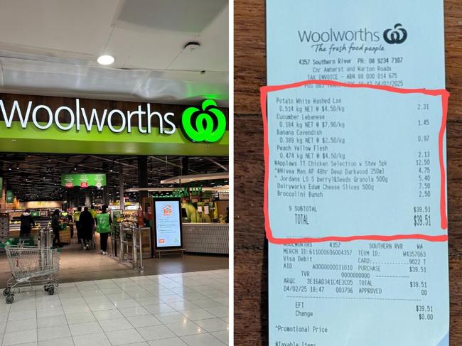 A frustrated customer has taken to social media after receiving an excessively long Woolworths receipt after buying just nine items. Picture: Reddit