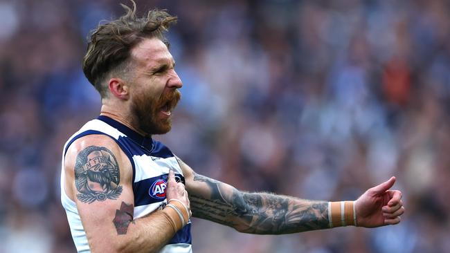 Zach Tuohy celerates a goal at the MCG during his last year of professional footy in 2024. Picture: Quinn Rooney/Getty Images