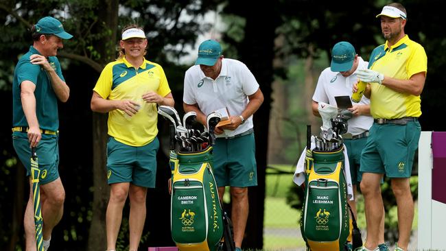 Cameron Smith and Marc Leishman practice in Tokyo. (Photo by Mike Ehrmann/Getty Images)