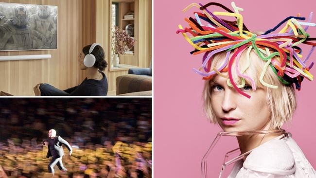 Peter Furler on stage in Queensland, bottom left, songwriter and singer Sia Furler and the Sonos Arc Ultra soundbar.