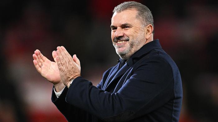 NOTTINGHAM, ENGLAND - DECEMBER 15: Ange Postecoglou, Manager of Tottenham Hotspur, acknowledges the fans following the Premier League match between Nottingham Forest and Tottenham Hotspur at City Ground on December 15, 2023 in Nottingham, England. (Photo by Shaun Botterill/Getty Images)
