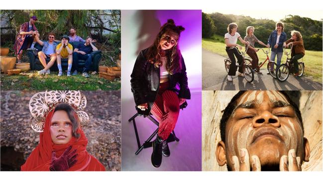 Musicians hailing from the Northern Rivers. Counter clockwise: Low Lying Clouds, Jesa, The Rions, JK-47, and Ngaiire.