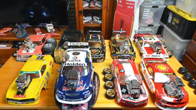 Some of the different car bodies Darren Nayda wears on his V8 Supercars hats. Picture: Brenton Edwards