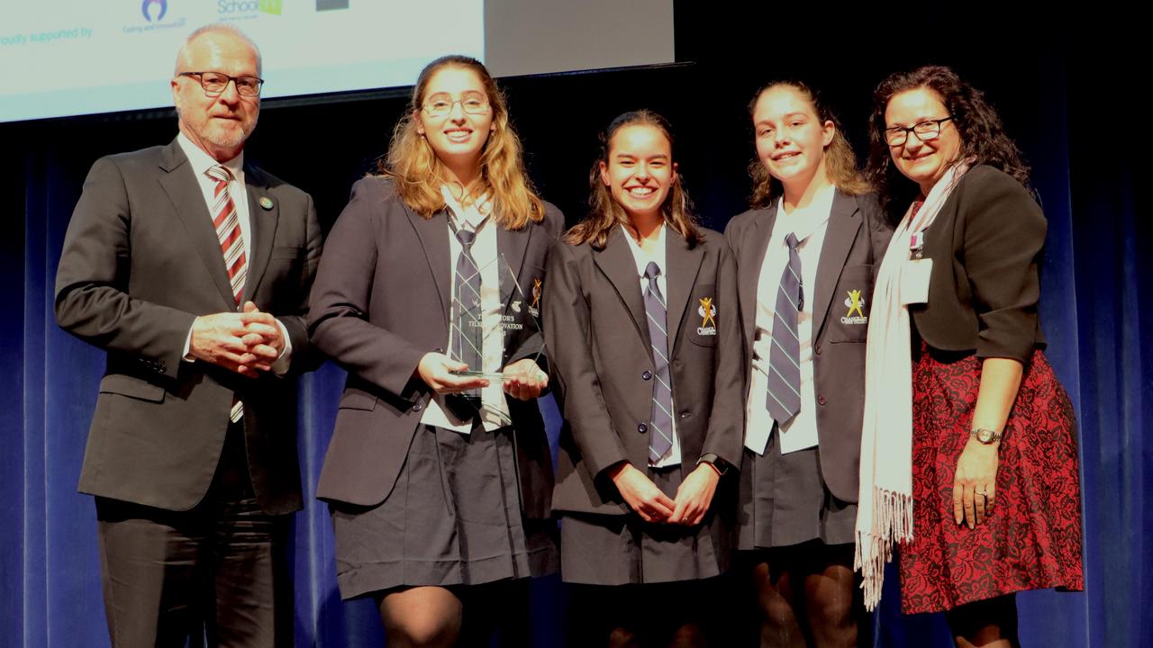 Chancellor State College Year 12 students Ella Berglas, Ioana Oprescu and Tahlia Harris with Sunshine Coast mayor Mark Jamieson and Chancellor State College teacher May Boisen.