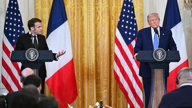 US President Donald Trump and French President Emmanuel Macron hold a joint press conference in the East Room of the White House. Picture: Roberto Schmidt/AFP