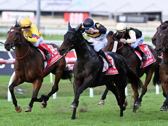 Here To Shock secures a golden ticket into the Group 1 Stradbroke Handicap by scoring the BRC Sprint at Doomben. Picture: Grant Peters, Trackside Photography.