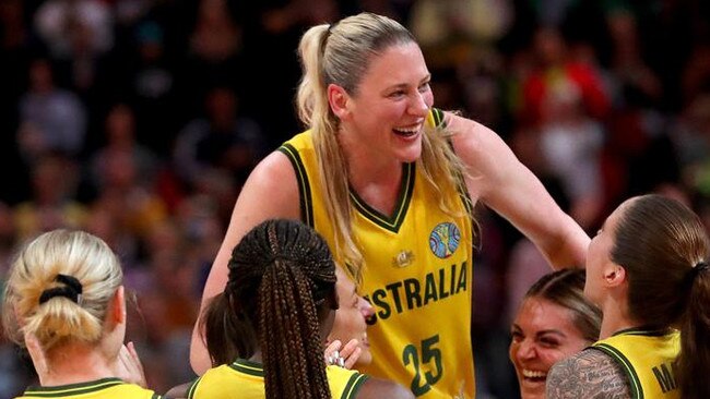 SYDNEY, AUSTRALIA - OCTOBER 01: Lauren Jackson of Australia celebrates with team mates after playing her final Opals game during the 2022 FIBA Women's Basketball World Cup 3rd place match between Canada and Australia at Sydney Superdome, on October 01, 2022, in Sydney, Australia. (Photo by Kelly Defina/Getty Images)