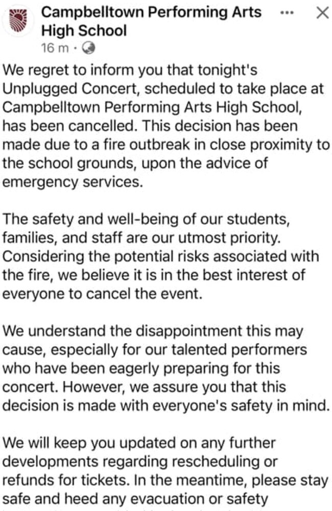 Campbelltown Performing Arts High School cancelled their school concert out of safety concerns for the nearby fire at the abandoned shopping centre. Picture: Facebook