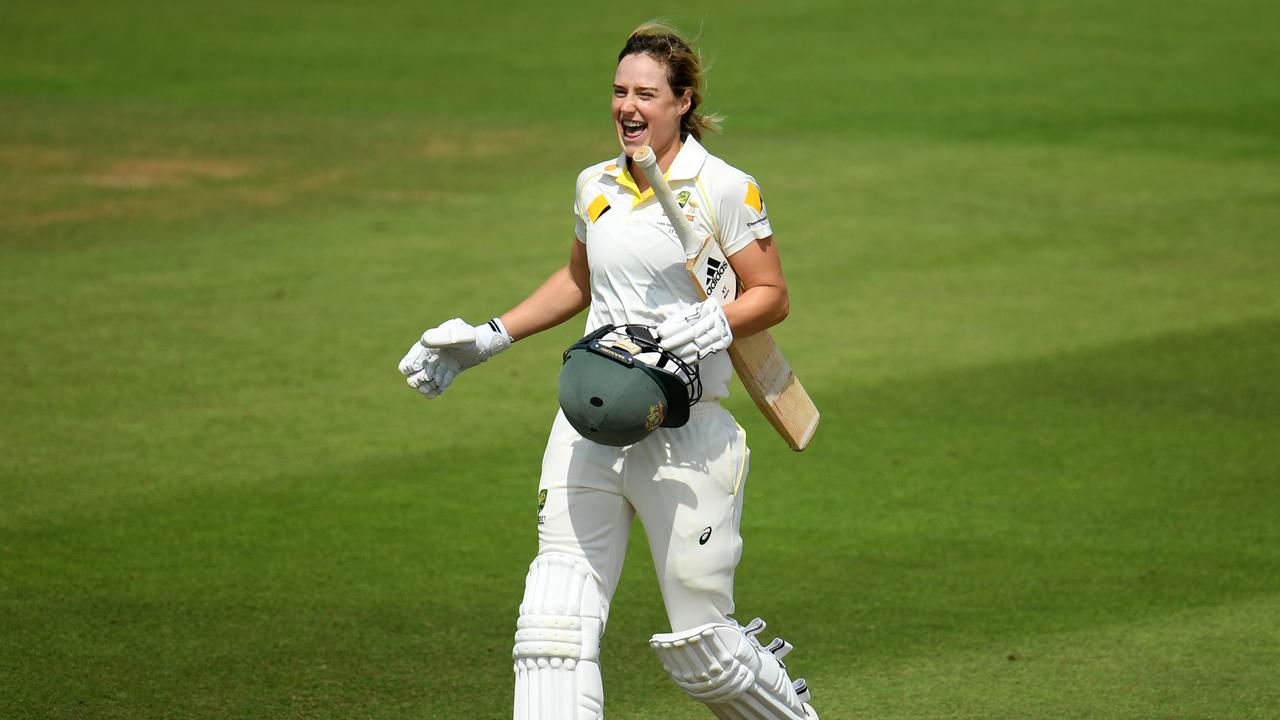 TAUNTON, ENGLAND - JULY 19: Ellyse Perry of Australia celebrates after scoring a century.