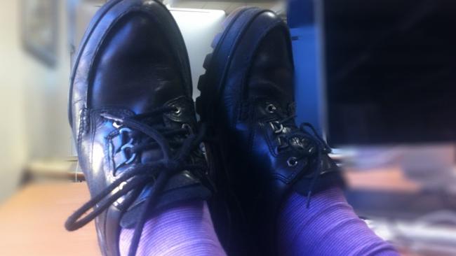 For work not pleasure ... Ian Horswill's worse-for-wear Ecco lace-ups. Picture: Nicole Manktelow