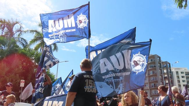 Maritime Union of Australia members at the Unions NT May Day March in Darwin on May 1, 2023. Picture: Annabel Bowles