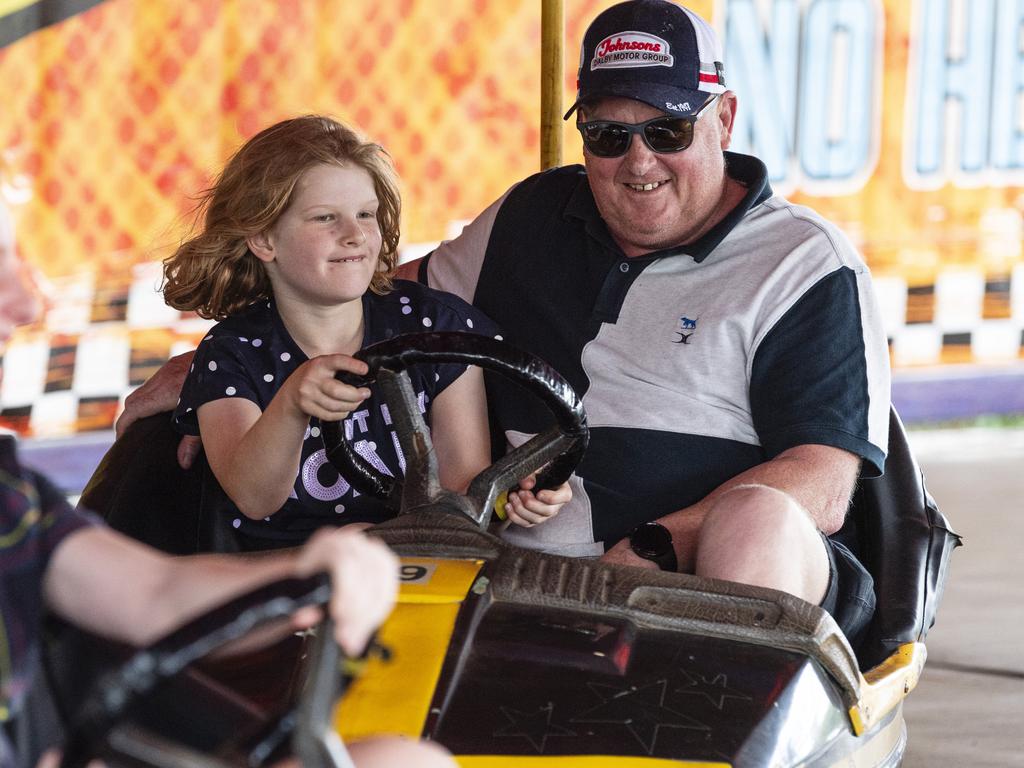 Racing dodgem cars are Annabelle and Michael Codyre at Fairholme Spring Fair, Saturday, October 19, 2024. Picture: Kevin Farmer