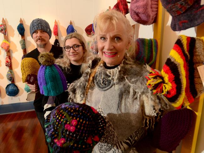 Port Noarlunga, Adelaide, 10 July 2020. Matt Aldous, Kate Murphy, Dianne Richardson - Fleurieu Peninsula textile artists have created fun, colourful headwear for the Beanies to Berets exhibition at Onkaparinga Gallery. Photo Sam Wundke