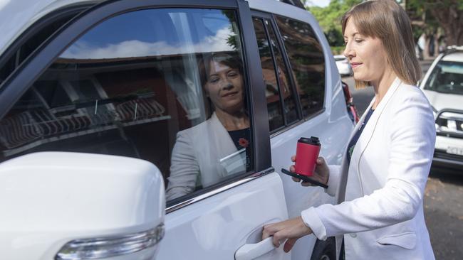 Transport Minister Jo Haylen leaves her Sydney inner west home on Tuesday in a ministerial car. Picture: Jeremy Piper