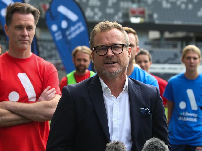 SYDNEY, AUSTRALIA - Newswire Photos -APRIL 26 2023:    CEO A LEAGUE Danny Townsend addresses the media with Premier Chris Minns during the inaugural A-Leagues Players and Pollies Game at CommBank Stadium in Parramatta, in Sydney. Picture: NCA Newswire / Gaye Gerard