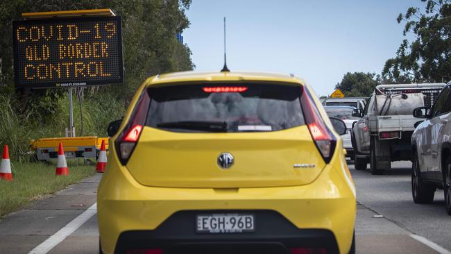 Traffic lining up at a border checkpoint. Picture: Glenn Hunt.