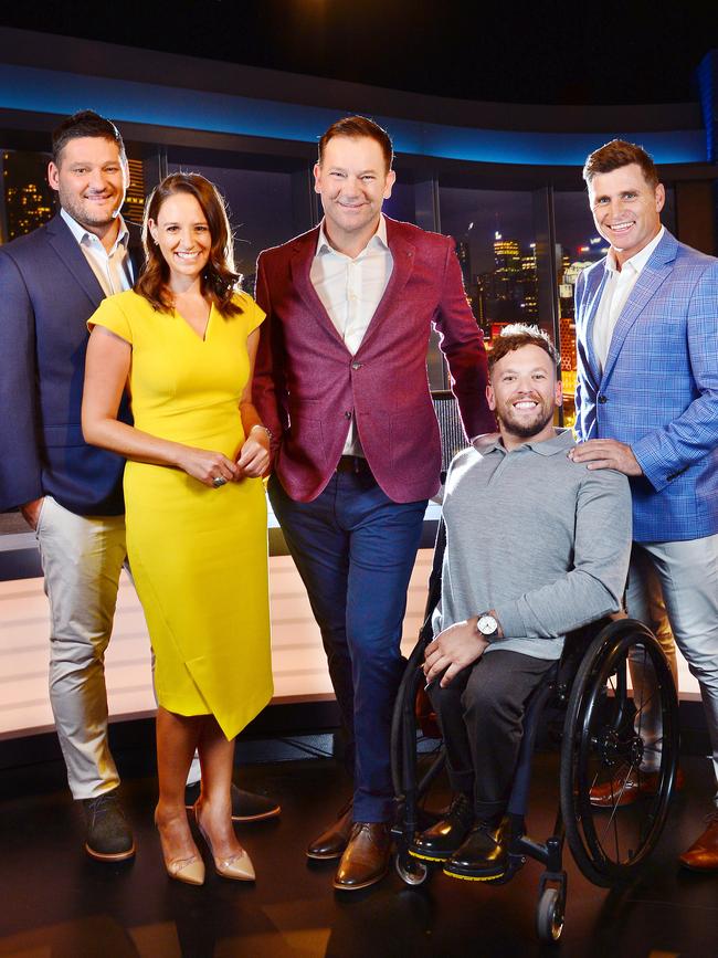 The new team from left Brendan Fevola, Neroli Meadows, Anthony 'Lehmo' Lehmann, Dylan Alcott and Shane Crawford. Picture: Nicki Connolly