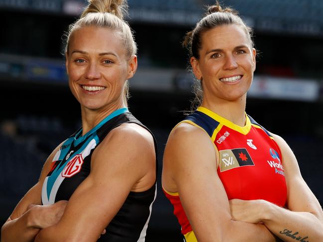 MELBOURNE, AUSTRALIA - AUGUST 17: Erin Phillips of the Power and Chelsea Randall of the Crows pose during the AFLW 2022 Season 7 Captains Day at Marvel Stadium on August 17, 2022 in Melbourne, Australia. (Photo by Dylan Burns/AFL Photos via Getty Images)